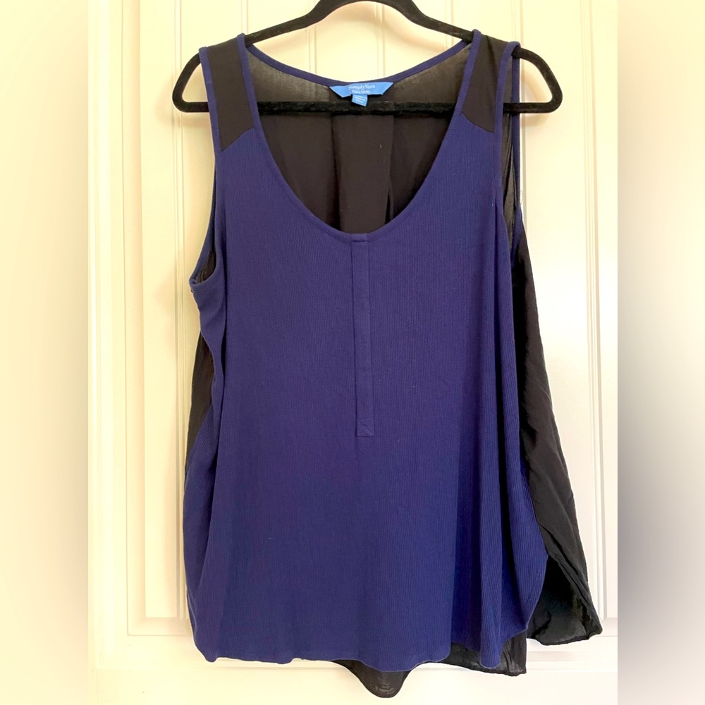 Simply Vera Navy tank, soft front, slightly sheer black back, XL